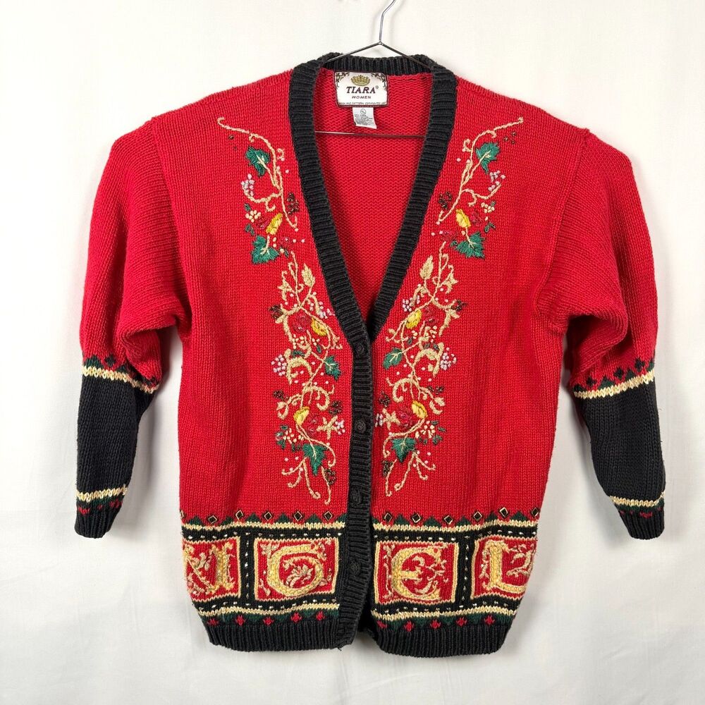 Vintage Tiara Women Christmas Sweater Cardigan Noel Gold/Red 18/20